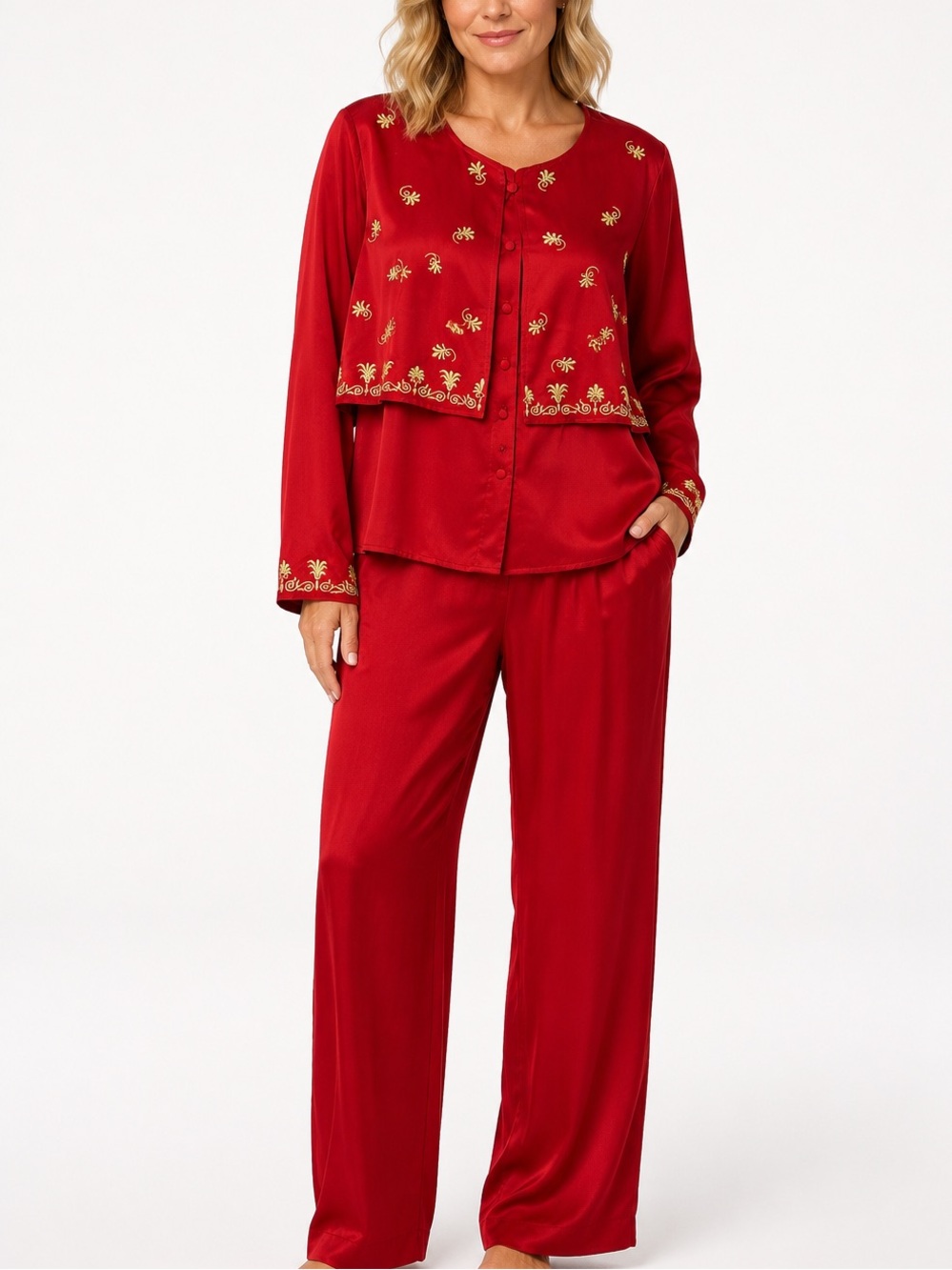 Diane von Furstenberg Vintage Silk Red Gold Embroidered Lounge Set M NWT